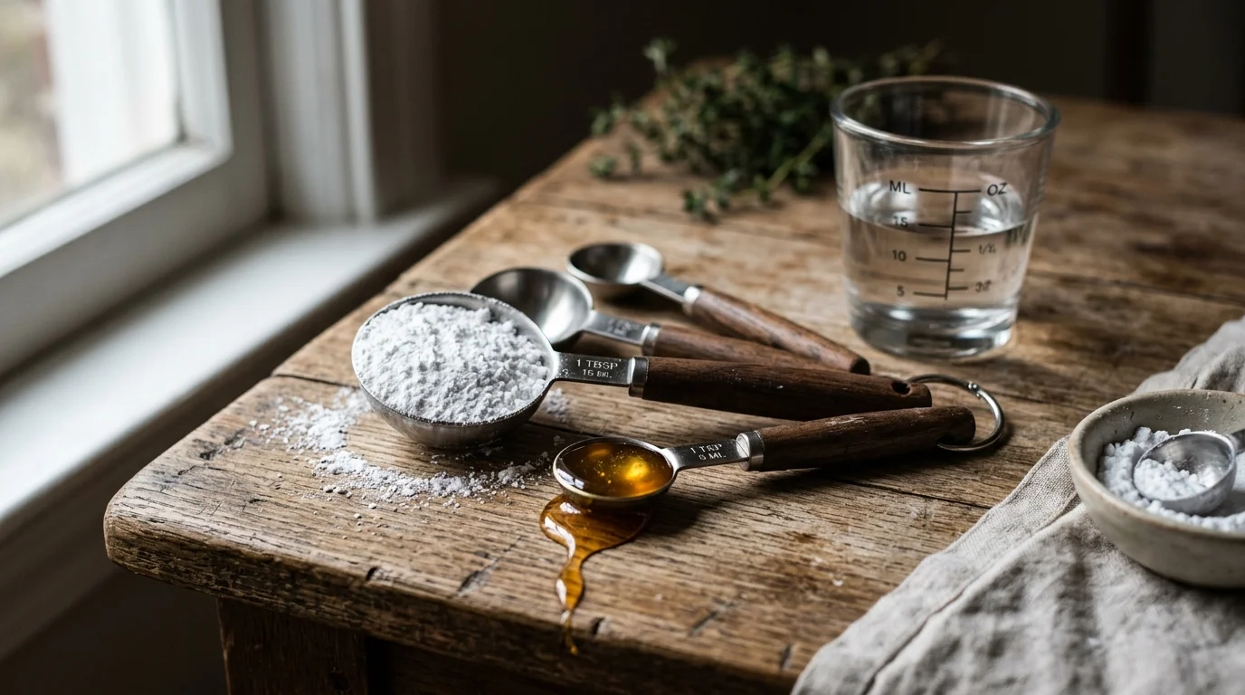 Cuillères de mesure en inox et bois remplies de sucre en poudre et de miel liquide